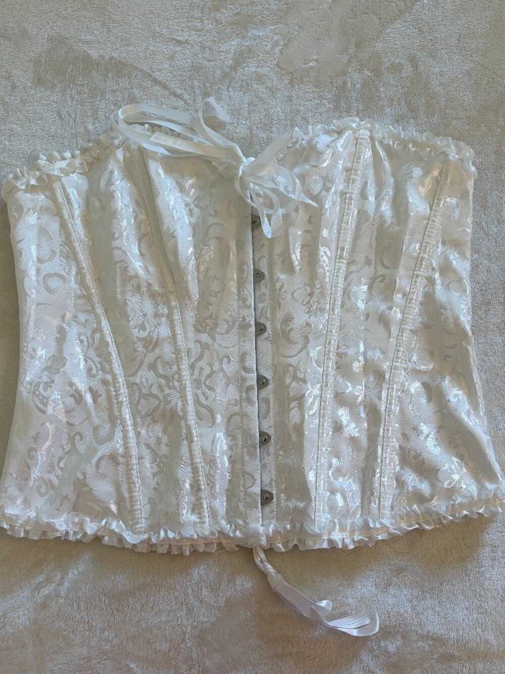 White Floral Damask Jacquard Brocade Boned Lace Up Back Corset Bustier Large